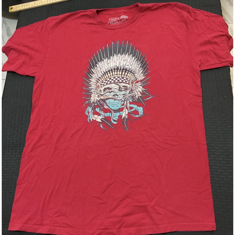 Vans Shirt Mens Large Red Skull Headdress Graphic Tee Tagless Soft‎ Streetwear